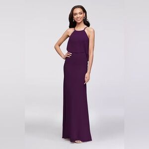 DAVID'S BRIDAL - Flounced Crinkle Chiffon Sheath Halter Dress in plum. Size 10